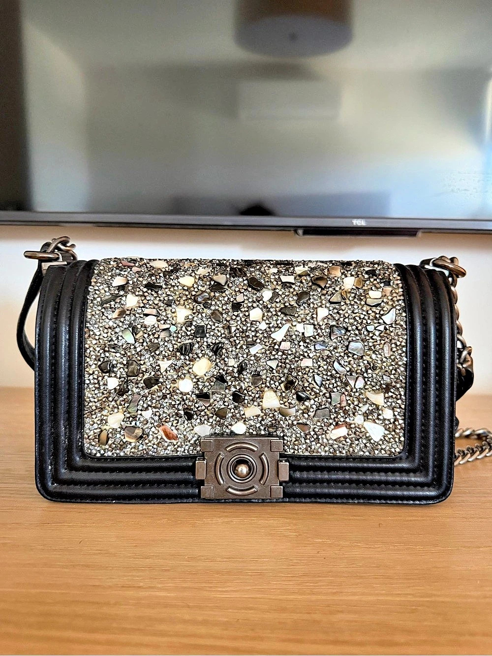 Tile Embroidered Brasserie Mosaic Boy Flap Bag Lambskin Old Medium Black